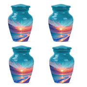 Cool Teal Beach Cremation Urn side profile showing urn shape - timeless beach motif etched into premium metal - 10 inch aluminum urn for cremated remains