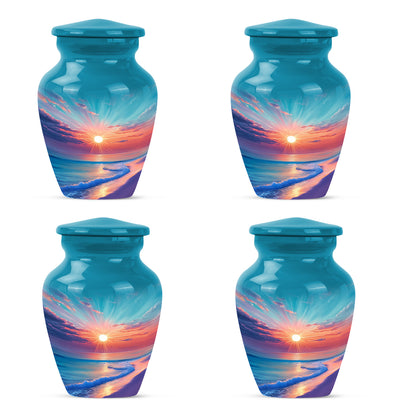 Cool Teal Beach Cremation Urn side profile showing urn shape - timeless beach motif etched into premium metal - 10 inch aluminum urn for cremated remains