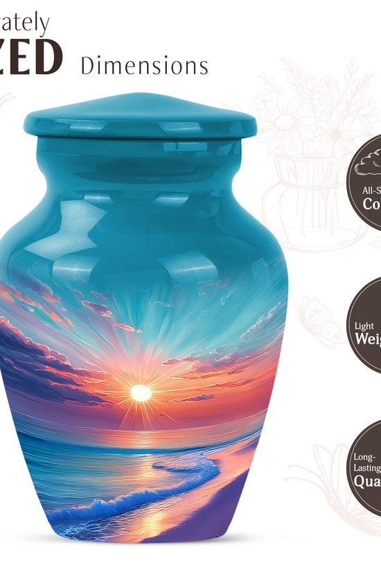 Soft Teal Beach Cremation Urn close-up of engraving and surface detail - classic sculpted beach pattern on smooth aluminum - mini keepsake memorial for portion of cremation ashes
