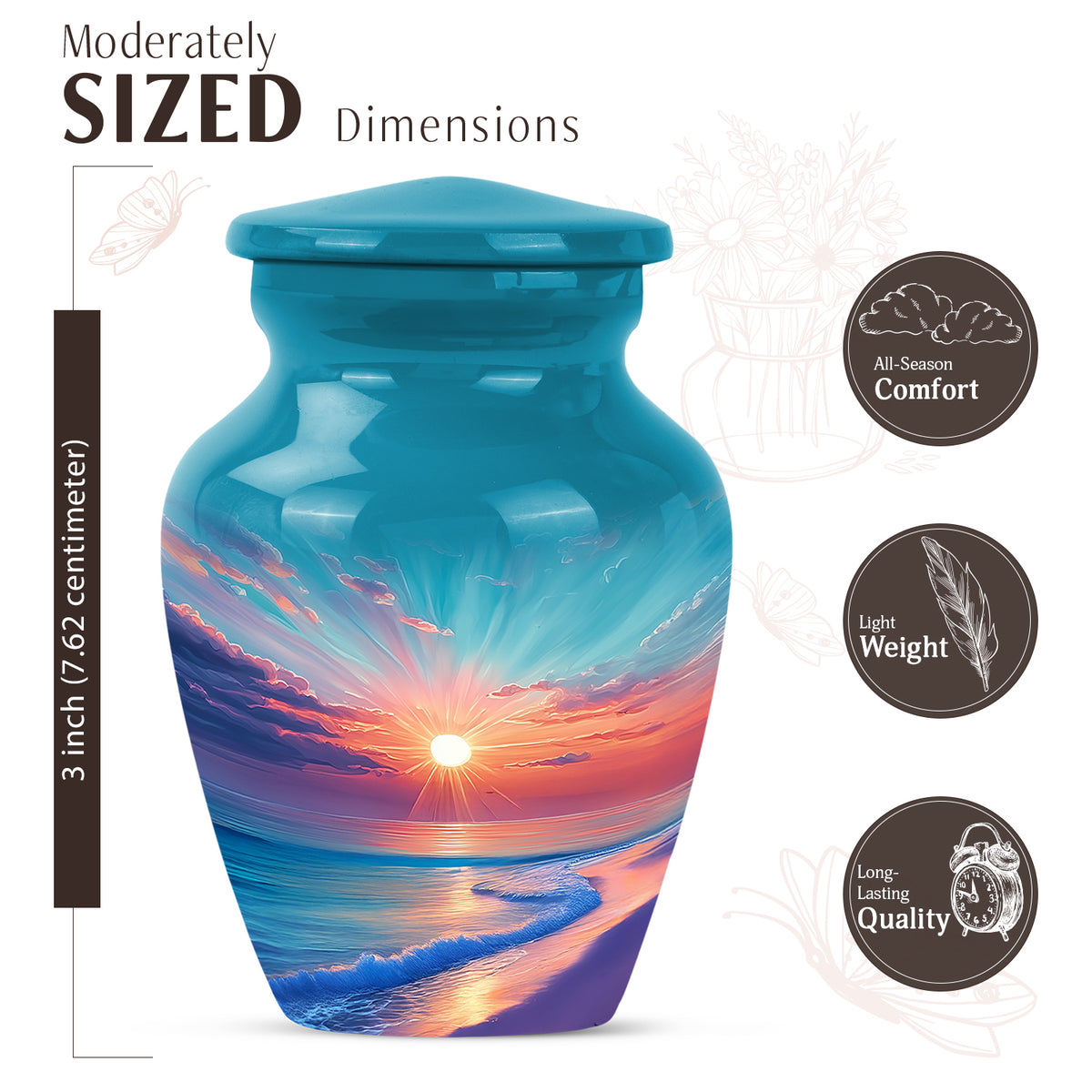 Soft Teal Beach Cremation Urn close-up of engraving and surface detail - classic sculpted beach pattern on smooth aluminum - mini keepsake memorial for portion of cremation ashes