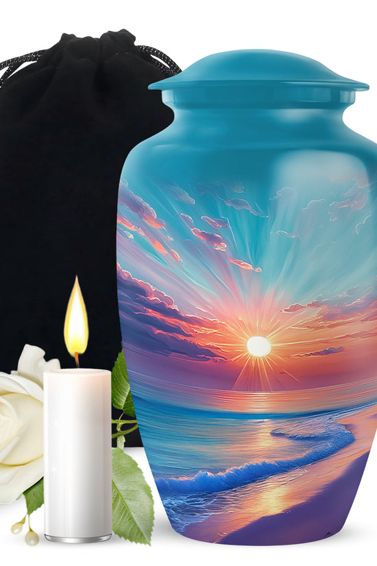 Mystic Teal Beach Cremation Urn angled view of lid and engraved motif - traditional beach engraving with hand-polished finish - full-size 10 inch 200 cubic inch adult cremation urn
