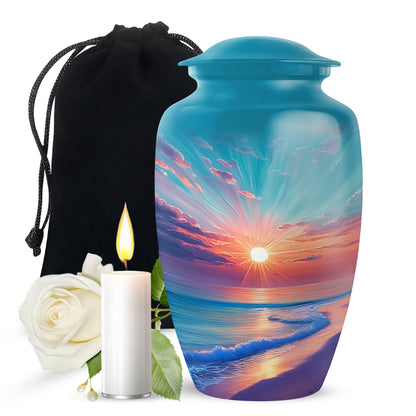 Mystic Teal Beach Cremation Urn angled view of lid and engraved motif - traditional beach engraving with hand-polished finish - full-size 10 inch 200 cubic inch adult cremation urn
