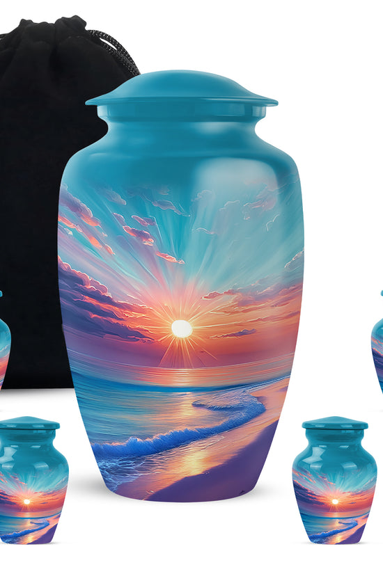 Soft Teal Beach Cremation Urn top-down view of secure threaded lid - classic sculpted beach pattern on smooth aluminum - memorial set with one large and four small urns