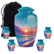 Soft Teal Beach Cremation Urn top-down view of secure threaded lid - classic sculpted beach pattern on smooth aluminum - memorial set with one large and four small urns
