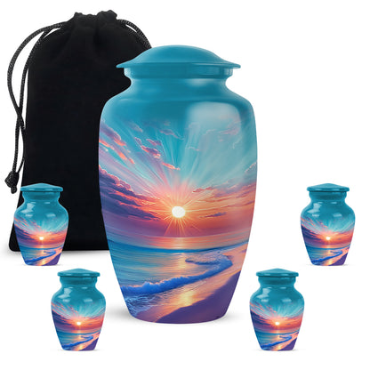 Soft Teal Beach Cremation Urn top-down view of secure threaded lid - classic sculpted beach pattern on smooth aluminum - memorial set with one large and four small urns