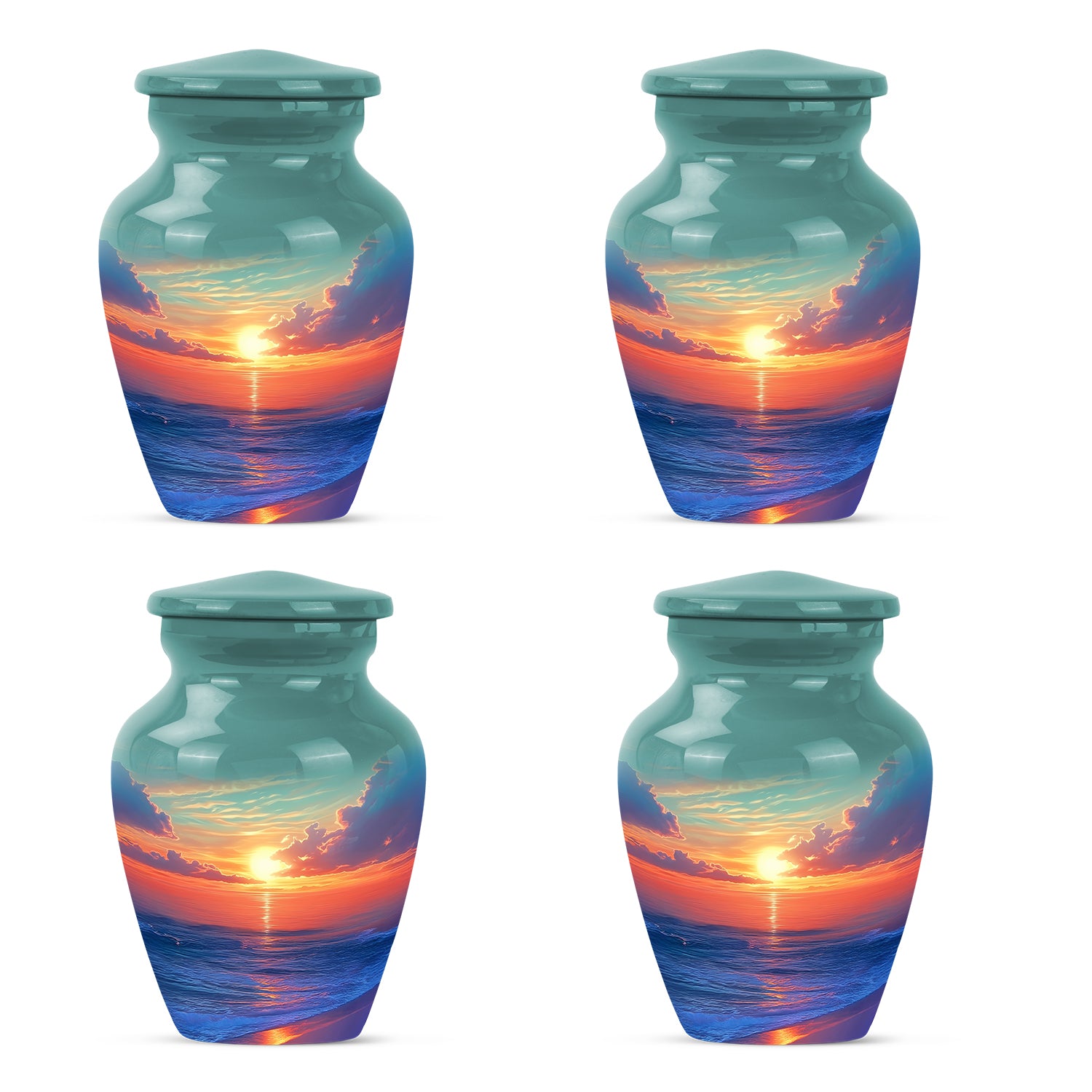 Deep Teal Beach Cremation Urn side profile showing urn shape - elegant classic beach relief with fine detailing - 10 inch aluminum urn for cremated remains