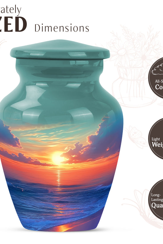 Tropical Teal Beach Cremation Urn close-up of engraving and surface detail - traditional beach engraving with hand-polished finish - mini keepsake memorial for portion of cremation ashes