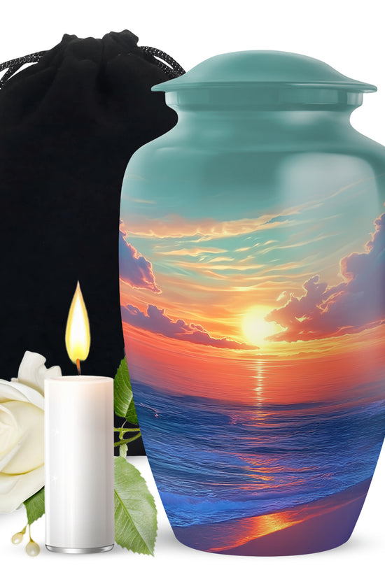 Aqua Teal Beach Cremation Urn angled view of lid and engraved motif - traditional beach engraving with hand-polished finish - full-size 10 inch 200 cubic inch adult cremation urn