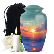 Aqua Teal Beach Cremation Urn angled view of lid and engraved motif - traditional beach engraving with hand-polished finish - full-size 10 inch 200 cubic inch adult cremation urn