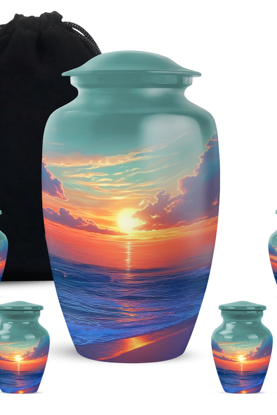 Mystic Teal Beach Cremation Urn top-down view of secure threaded lid - elegant classic beach relief with fine detailing - memorial set with one large and four small urns