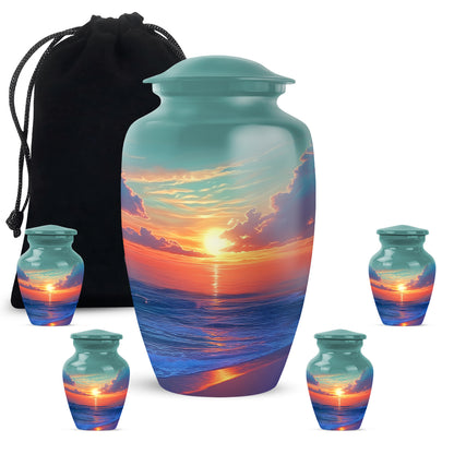 Mystic Teal Beach Cremation Urn top-down view of secure threaded lid - elegant classic beach relief with fine detailing - memorial set with one large and four small urns