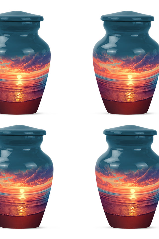 Celestial Blue Beach Cremation Urn side profile showing urn shape - classic sculpted beach pattern on smooth aluminum - 10 inch aluminum urn for cremated remains