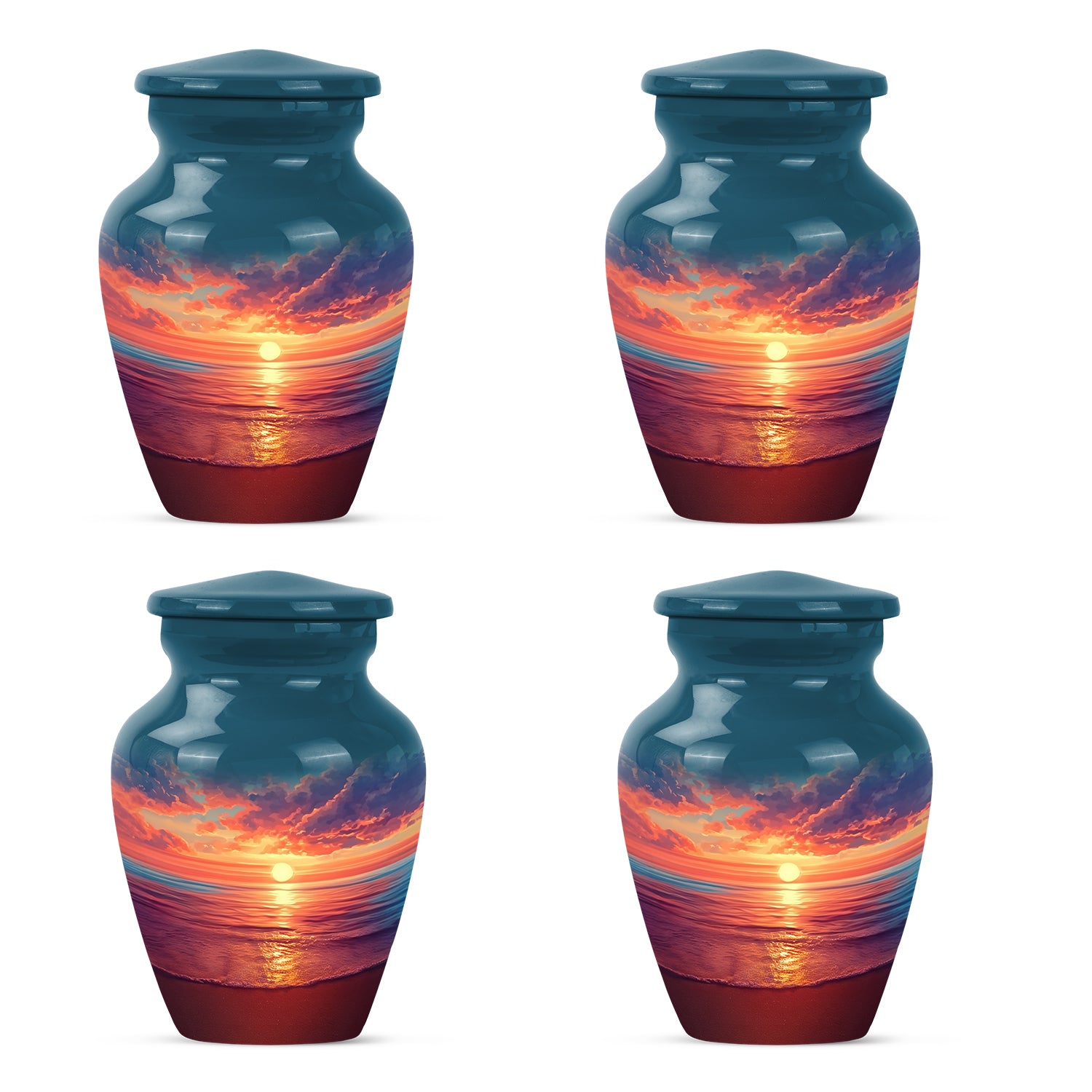 Celestial Blue Beach Cremation Urn side profile showing urn shape - classic sculpted beach pattern on smooth aluminum - 10 inch aluminum urn for cremated remains