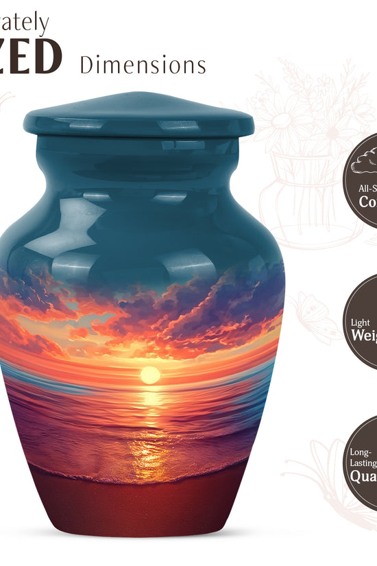 Sky Blue Beach Cremation Urn close-up of engraving and surface detail - timeless beach motif etched into premium metal - mini keepsake memorial for portion of cremation ashes