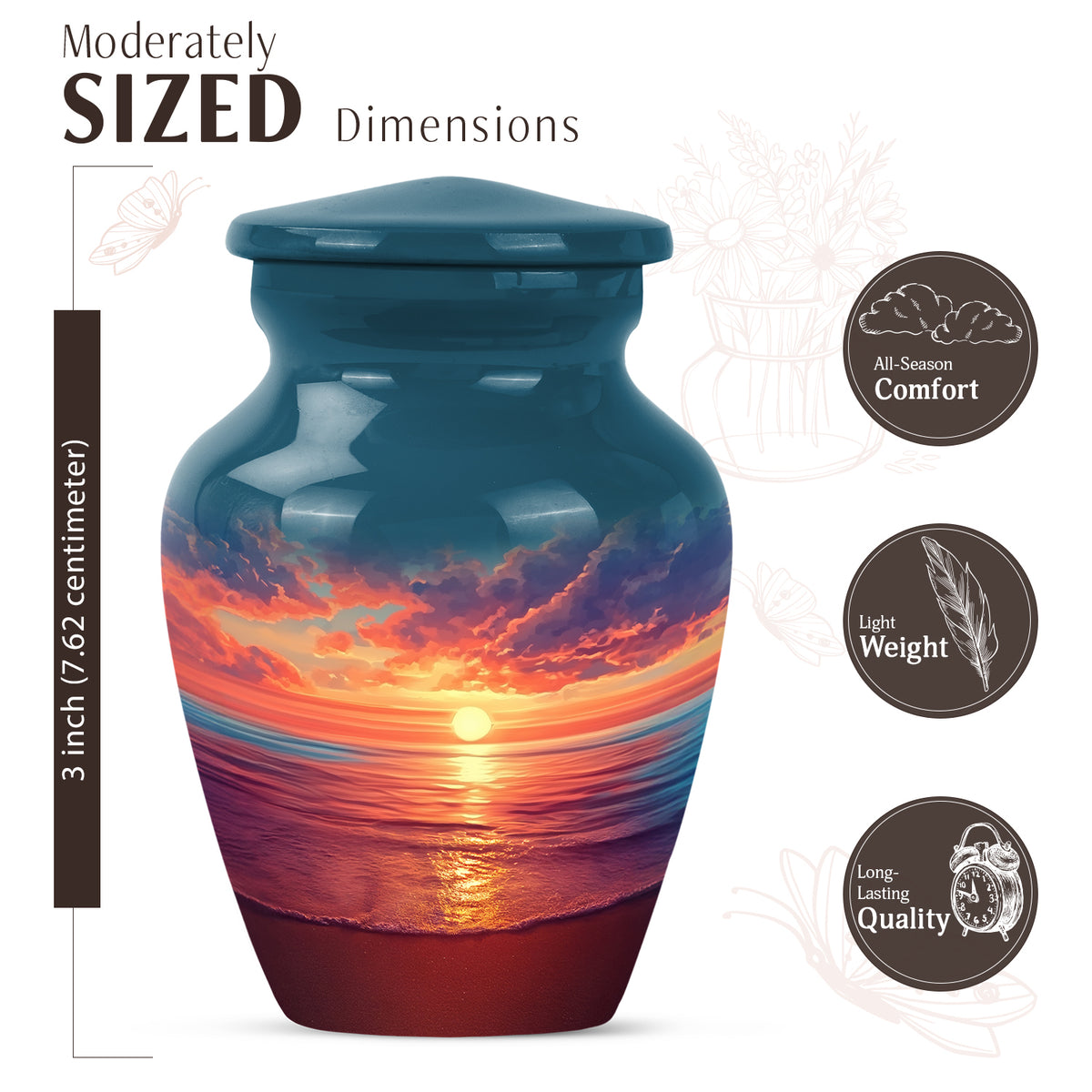 Sky Blue Beach Cremation Urn close-up of engraving and surface detail - timeless beach motif etched into premium metal - mini keepsake memorial for portion of cremation ashes