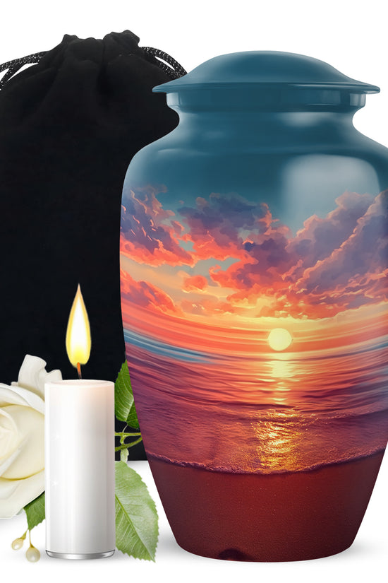 Vivid Blue Beach Cremation Urn angled view of lid and engraved motif - elegant classic beach relief with fine detailing - full-size 10 inch 200 cubic inch adult cremation urn