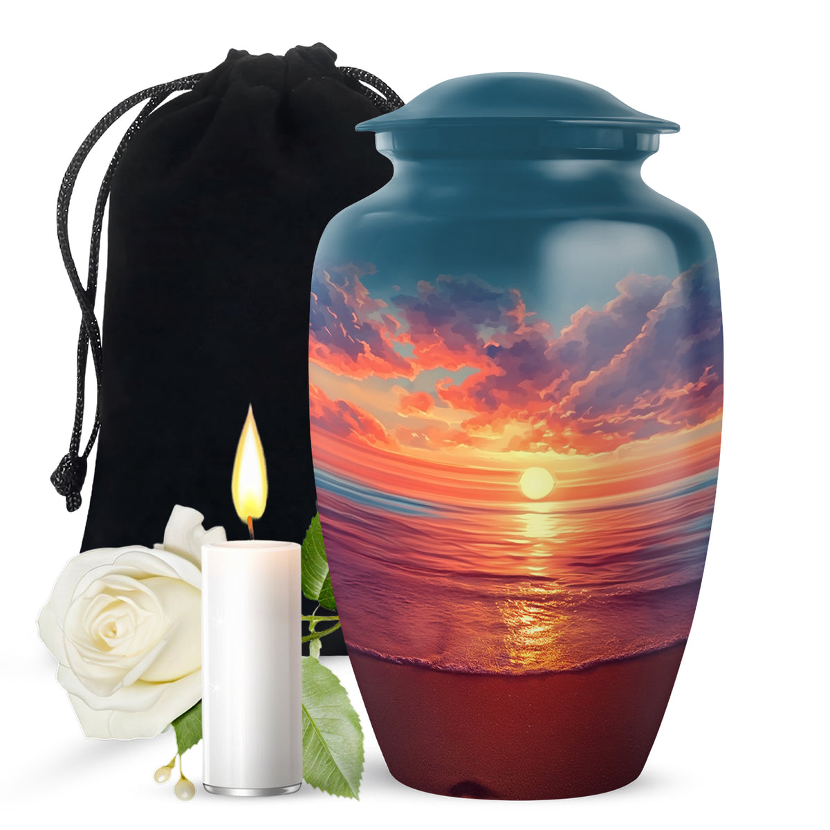 Vivid Blue Beach Cremation Urn angled view of lid and engraved motif - elegant classic beach relief with fine detailing - full-size 10 inch 200 cubic inch adult cremation urn