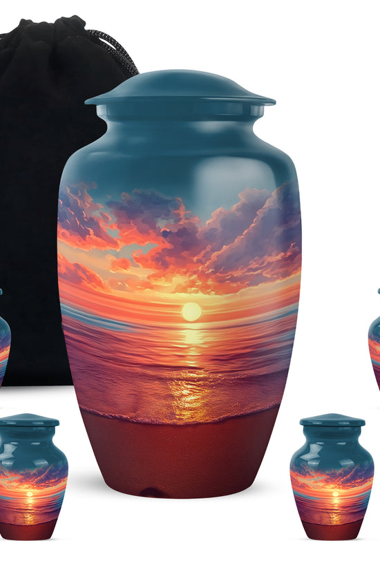 Cobalt Blue Beach Cremation Urn top-down view of secure threaded lid - traditional beach engraving with hand-polished finish - memorial set with one large and four small urns