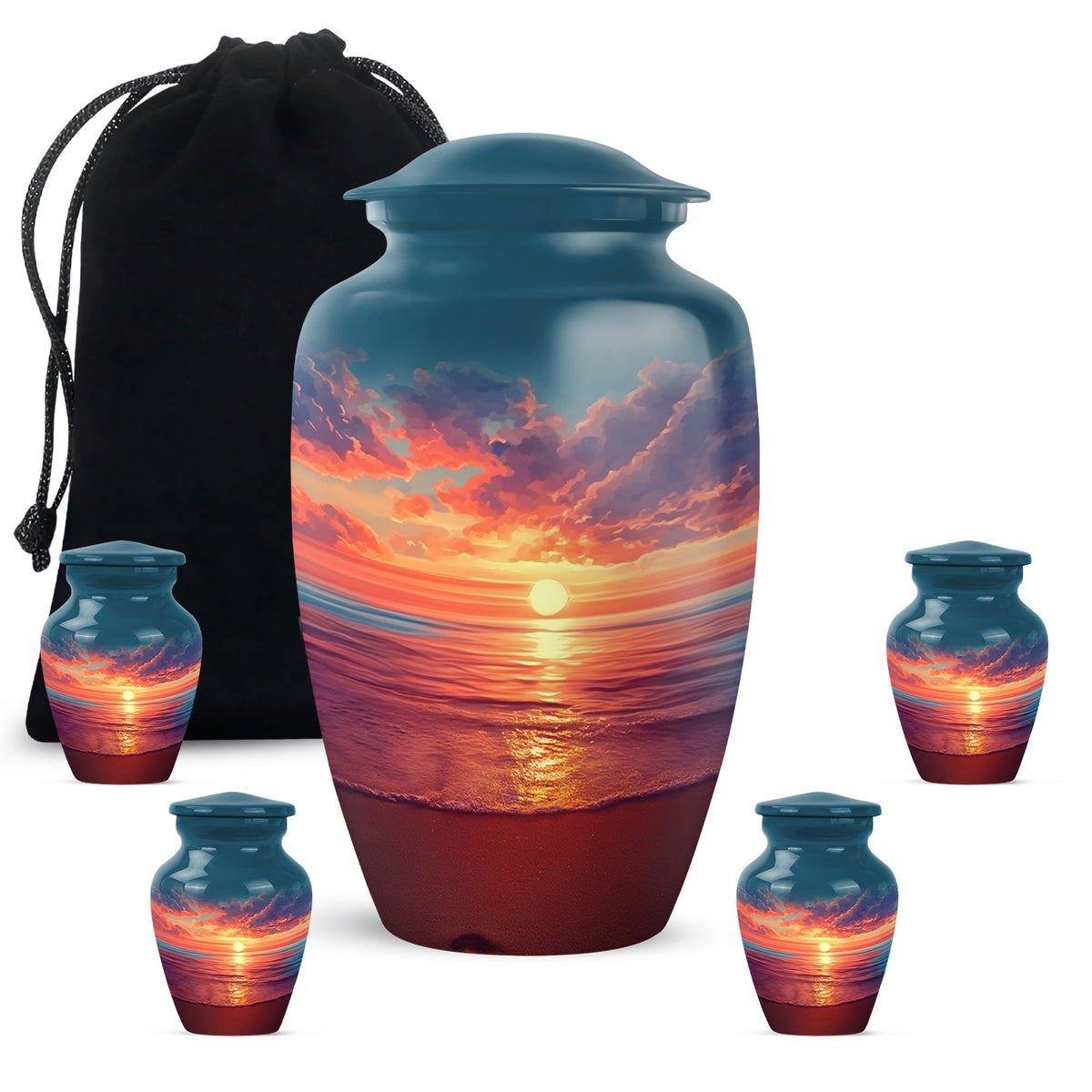 Cobalt Blue Beach Cremation Urn top-down view of secure threaded lid - traditional beach engraving with hand-polished finish - memorial set with one large and four small urns
