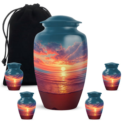 Cobalt Blue Beach Cremation Urn top-down view of secure threaded lid - traditional beach engraving with hand-polished finish - memorial set with one large and four small urns