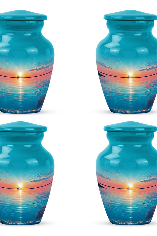 Mystic Teal Beach Cremation Urn side profile showing urn shape - traditional beach engraving with hand-polished finish - 10 inch aluminum urn for cremated remains