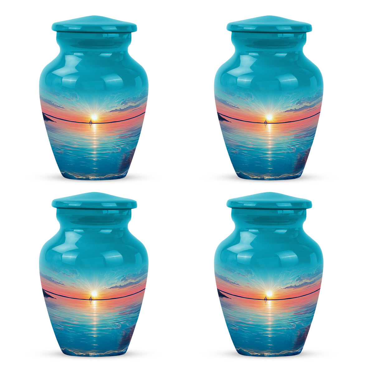 Mystic Teal Beach Cremation Urn side profile showing urn shape - traditional beach engraving with hand-polished finish - 10 inch aluminum urn for cremated remains