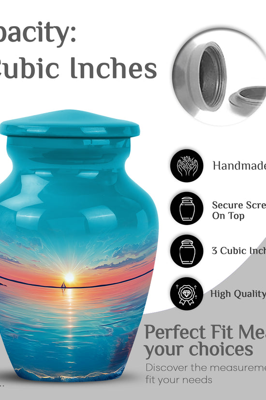 Deep Teal Beach Cremation Urn close-up of engraving and surface detail - elegant classic beach relief with fine detailing - mini keepsake memorial for portion of cremation ashes