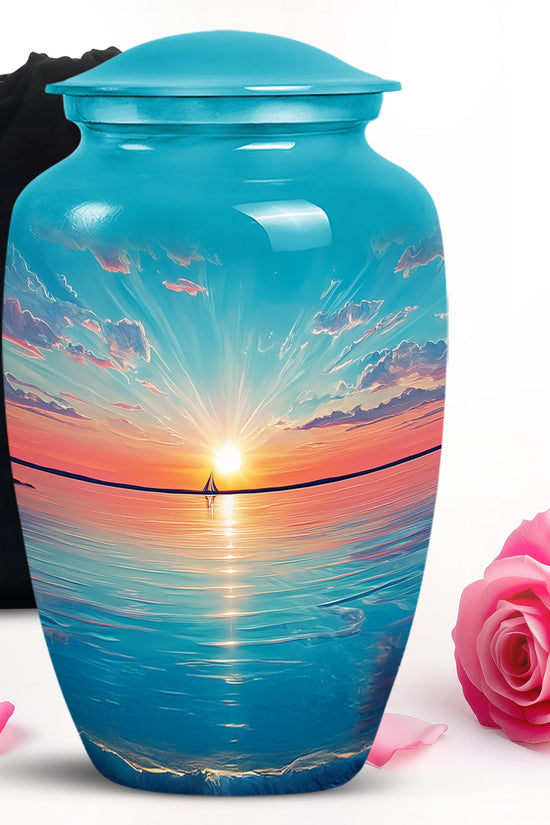 Aqua Teal Beach Cremation Urn angled view of lid and engraved motif - elegant classic beach relief with fine detailing - full-size 10 inch 200 cubic inch adult cremation urn