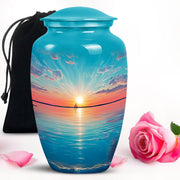 Aqua Teal Beach Cremation Urn angled view of lid and engraved motif - elegant classic beach relief with fine detailing - full-size 10 inch 200 cubic inch adult cremation urn