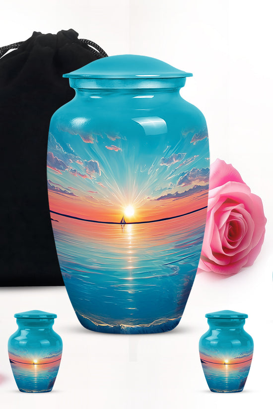Soft Teal Beach Cremation Urn top-down view of secure threaded lid - timeless beach motif etched into premium metal - memorial set with one large and four small urns