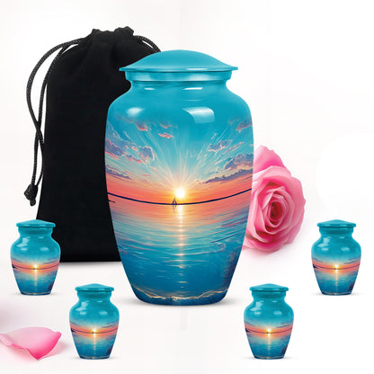Soft Teal Beach Cremation Urn top-down view of secure threaded lid - timeless beach motif etched into premium metal - memorial set with one large and four small urns