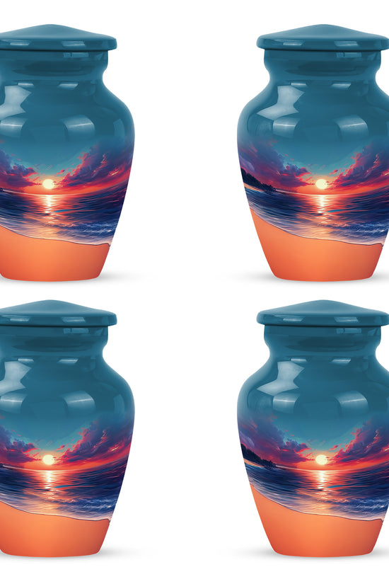 Calming Blue Beach Cremation Urn side profile showing urn shape - traditional beach engraving with hand-polished finish - 10 inch aluminum urn for cremated remains