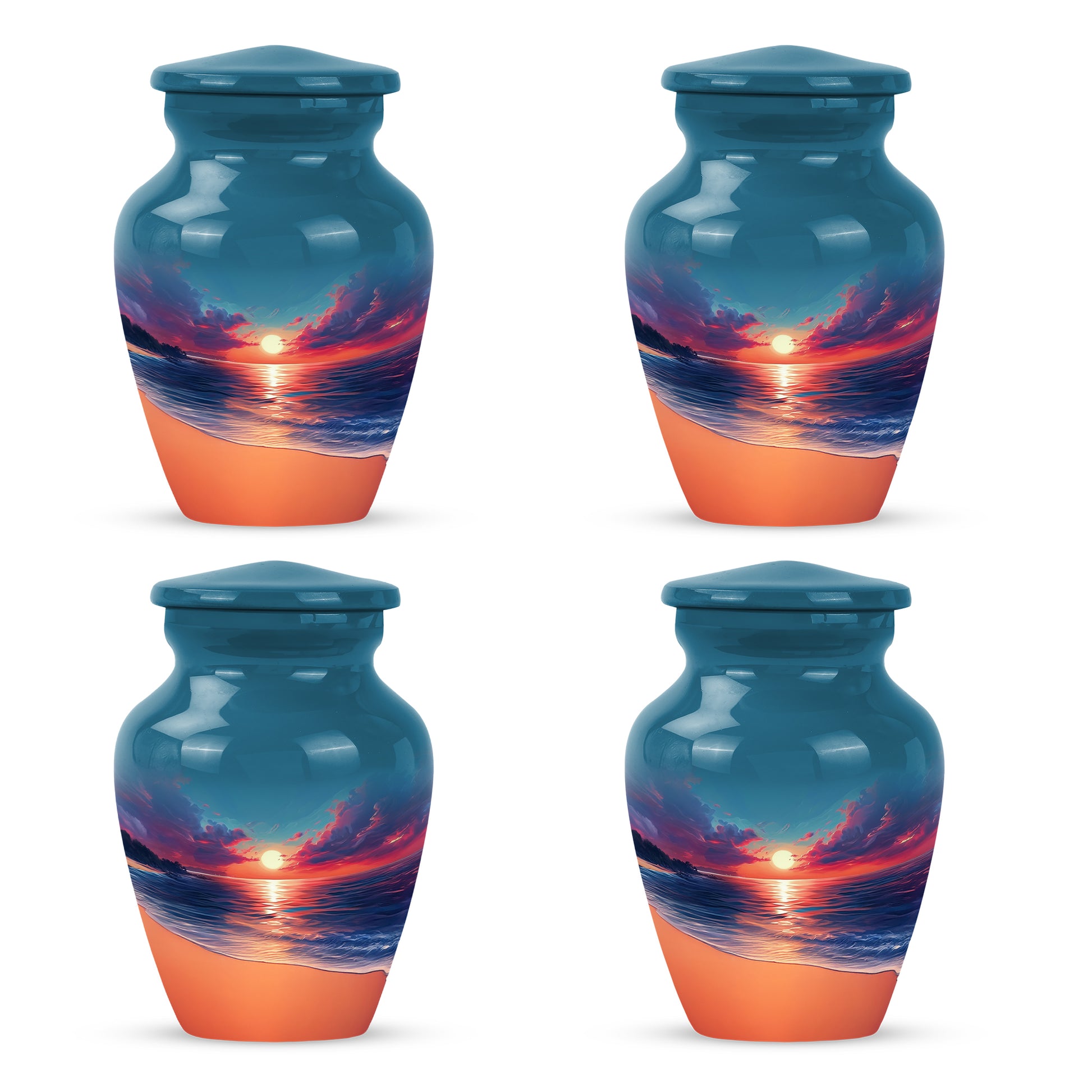 Calming Blue Beach Cremation Urn side profile showing urn shape - traditional beach engraving with hand-polished finish - 10 inch aluminum urn for cremated remains