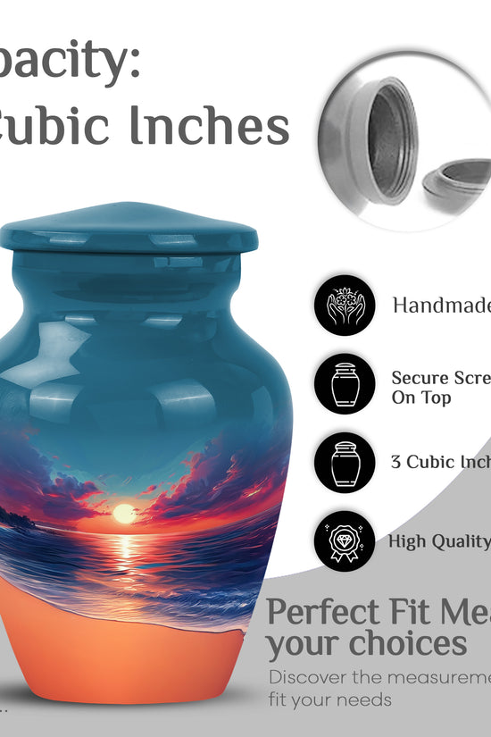 Royal Blue Beach Cremation Urn close-up of engraving and surface detail - elegant classic beach relief with fine detailing - mini keepsake memorial for portion of cremation ashes