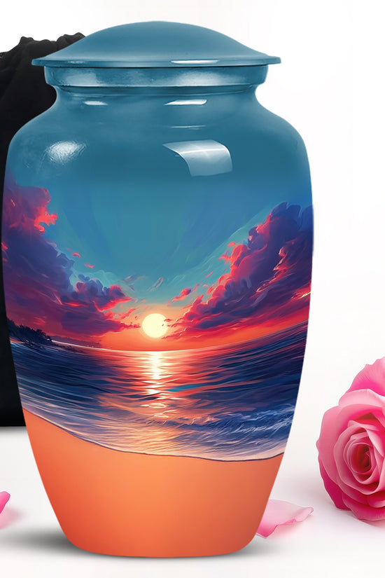 Royal Blue Beach Cremation Urn angled view of lid and engraved motif - elegant classic beach relief with fine detailing - full-size 10 inch 200 cubic inch adult cremation urn
