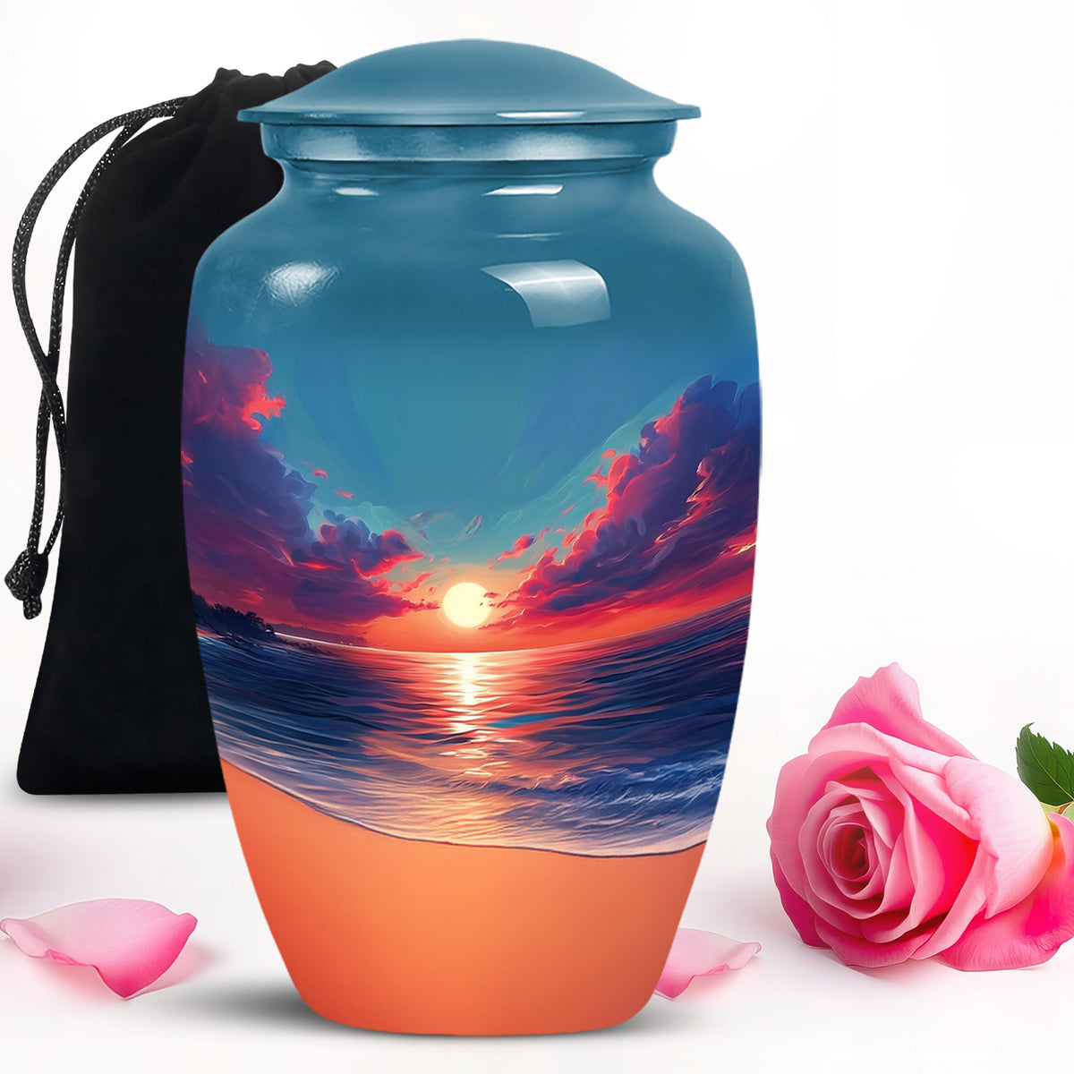 Royal Blue Beach Cremation Urn angled view of lid and engraved motif - elegant classic beach relief with fine detailing - full-size 10 inch 200 cubic inch adult cremation urn