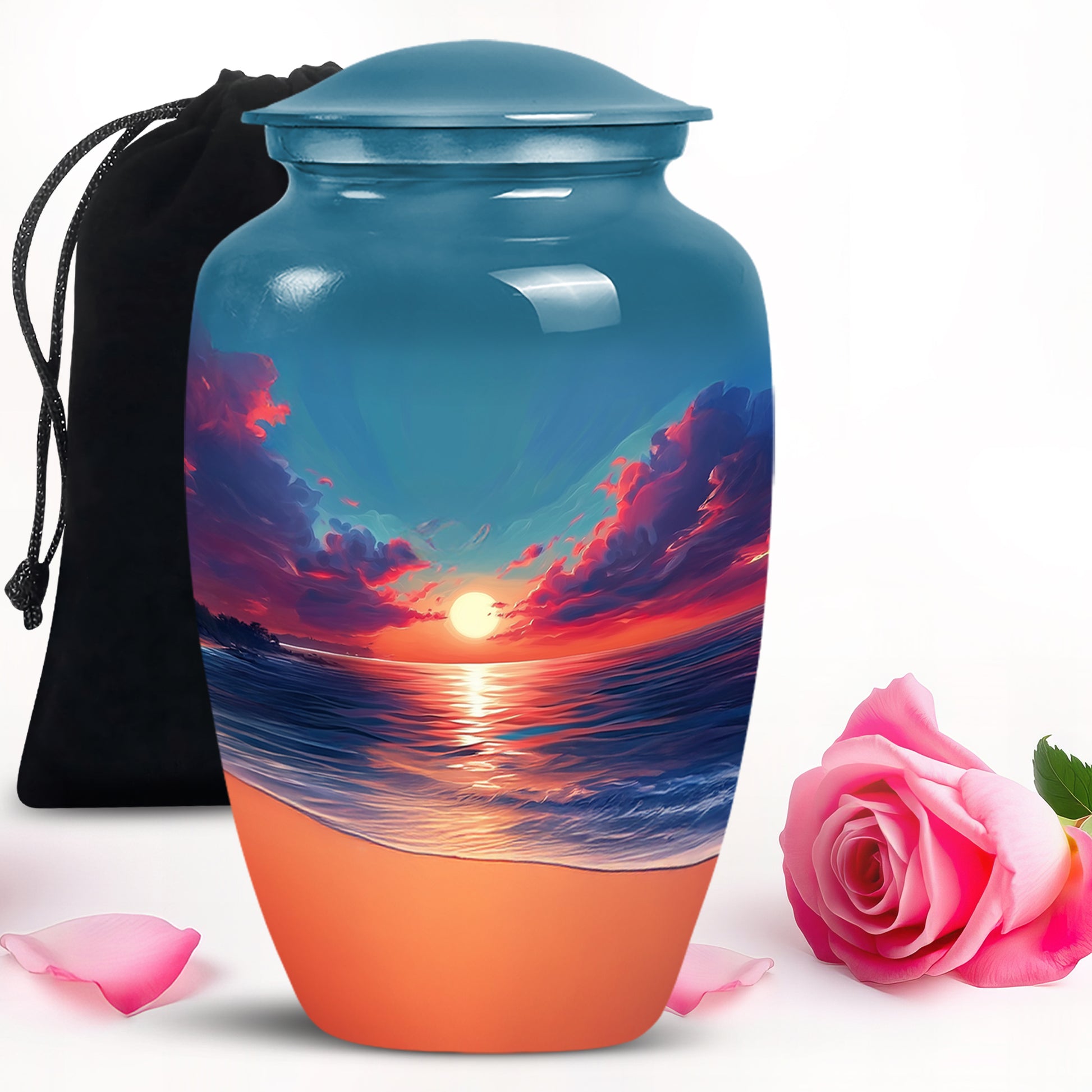 Royal Blue Beach Cremation Urn angled view of lid and engraved motif - elegant classic beach relief with fine detailing - full-size 10 inch 200 cubic inch adult cremation urn