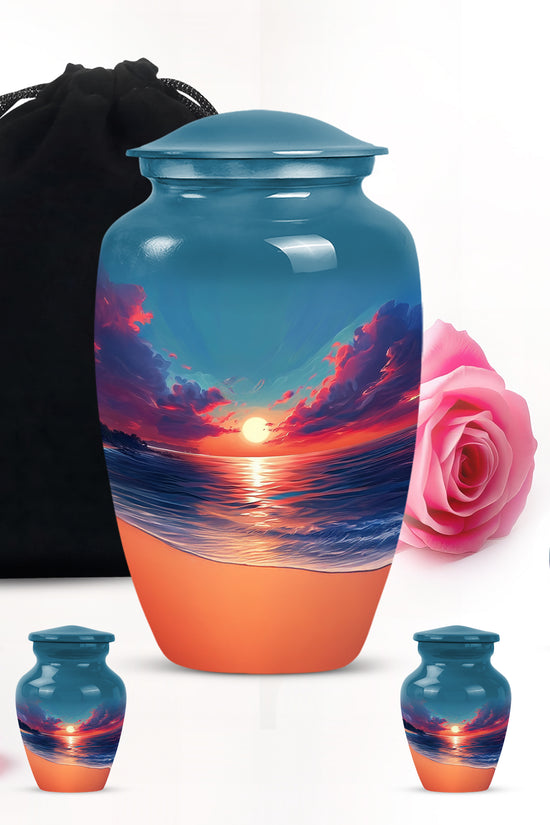 Misty Blue Beach Cremation Urn top-down view of secure threaded lid - classic sculpted beach pattern on smooth aluminum - memorial set with one large and four small urns