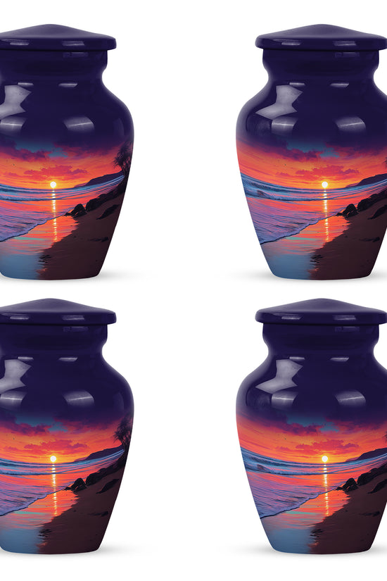 Misty Blue Beach Cremation Urn side profile showing urn shape - classic sculpted beach pattern on smooth aluminum - 10 inch aluminum urn for cremated remains