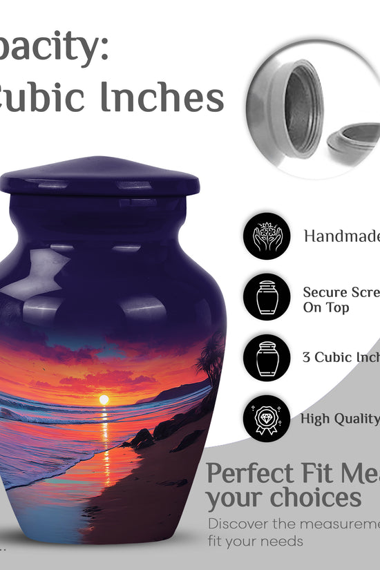 Celestial Blue Beach Cremation Urn close-up of engraving and surface detail - classic sculpted beach pattern on smooth aluminum - mini keepsake memorial for portion of cremation ashes