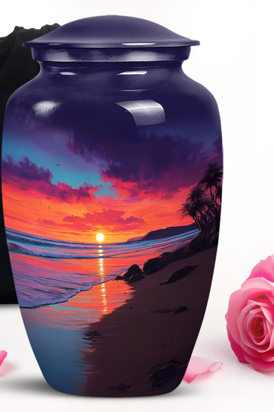 Cornflower Blue Beach Cremation Urn angled view of lid and engraved motif - elegant classic beach relief with fine detailing - full-size 10 inch 200 cubic inch adult cremation urn