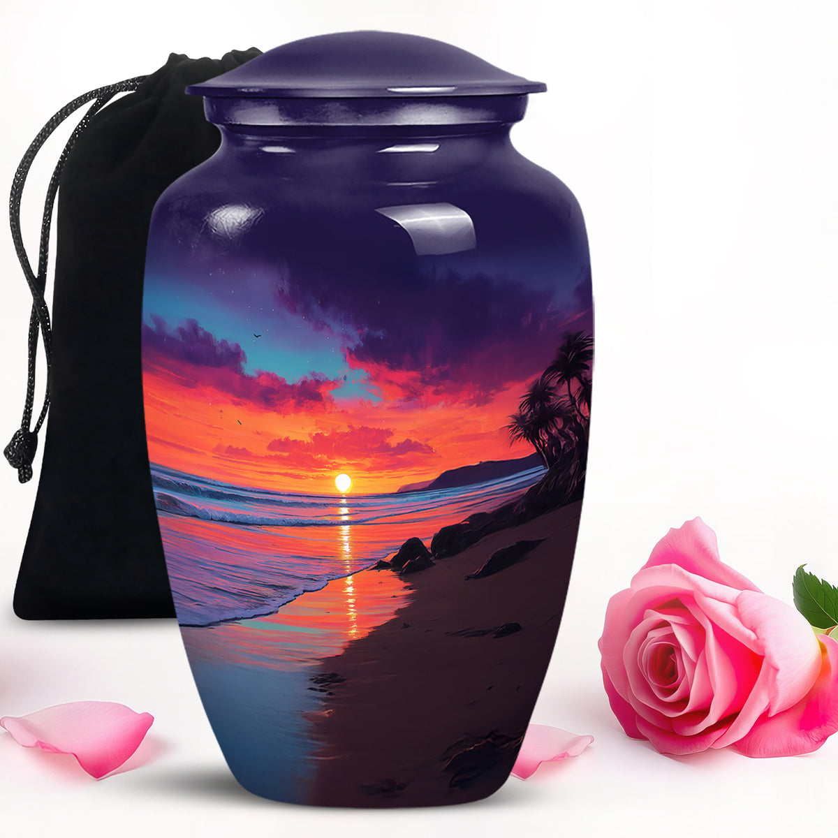 Cornflower Blue Beach Cremation Urn angled view of lid and engraved motif - elegant classic beach relief with fine detailing - full-size 10 inch 200 cubic inch adult cremation urn
