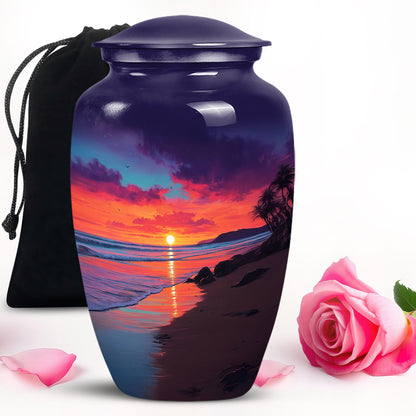 Cornflower Blue Beach Cremation Urn angled view of lid and engraved motif - elegant classic beach relief with fine detailing - full-size 10 inch 200 cubic inch adult cremation urn