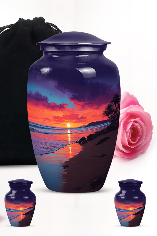 Steel Blue Beach Cremation Urn top-down view of secure threaded lid - traditional beach engraving with hand-polished finish - memorial set with one large and four small urns