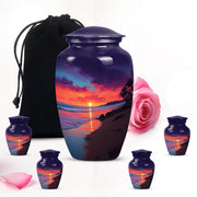 Steel Blue Beach Cremation Urn top-down view of secure threaded lid - traditional beach engraving with hand-polished finish - memorial set with one large and four small urns
