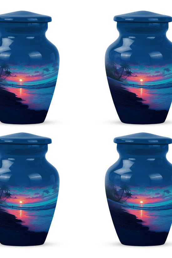 Cobalt Blue Beach Cremation Urn side profile showing urn shape - elegant classic beach relief with fine detailing - 10 inch aluminum urn for cremated remains