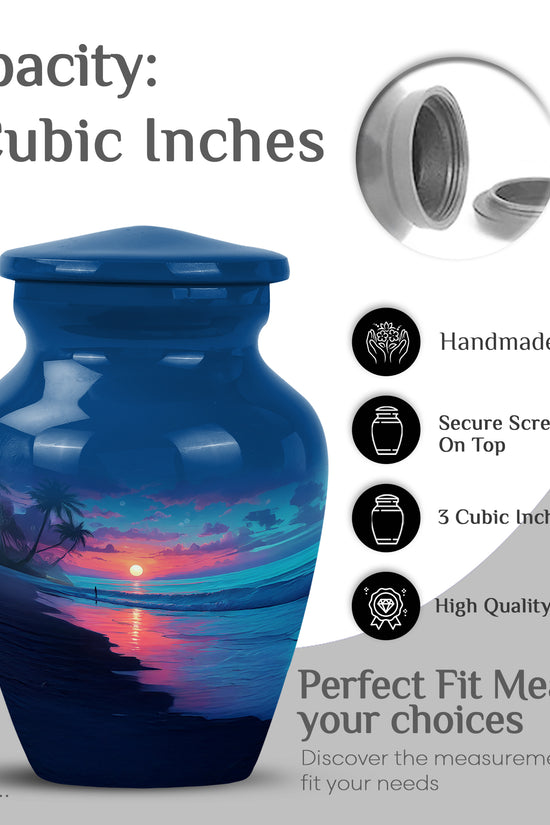 Soft Blue Beach Cremation Urn close-up of engraving and surface detail - elegant classic beach relief with fine detailing - mini keepsake memorial for portion of cremation ashes