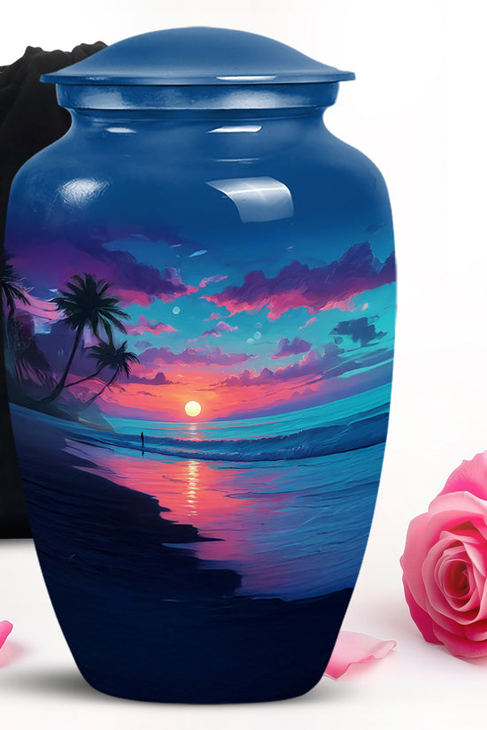 Navy Blue Beach Cremation Urn angled view of lid and engraved motif - classic sculpted beach pattern on smooth aluminum - full-size 10 inch 200 cubic inch adult cremation urn