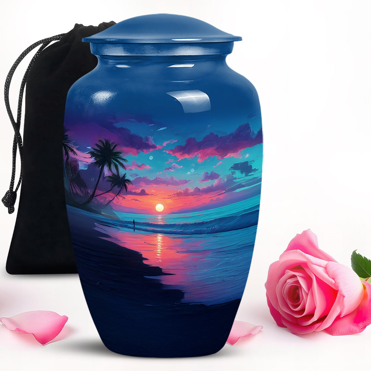 Navy Blue Beach Cremation Urn angled view of lid and engraved motif - classic sculpted beach pattern on smooth aluminum - full-size 10 inch 200 cubic inch adult cremation urn