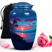 Navy Blue Beach Cremation Urn angled view of lid and engraved motif - classic sculpted beach pattern on smooth aluminum - full-size 10 inch 200 cubic inch adult cremation urn